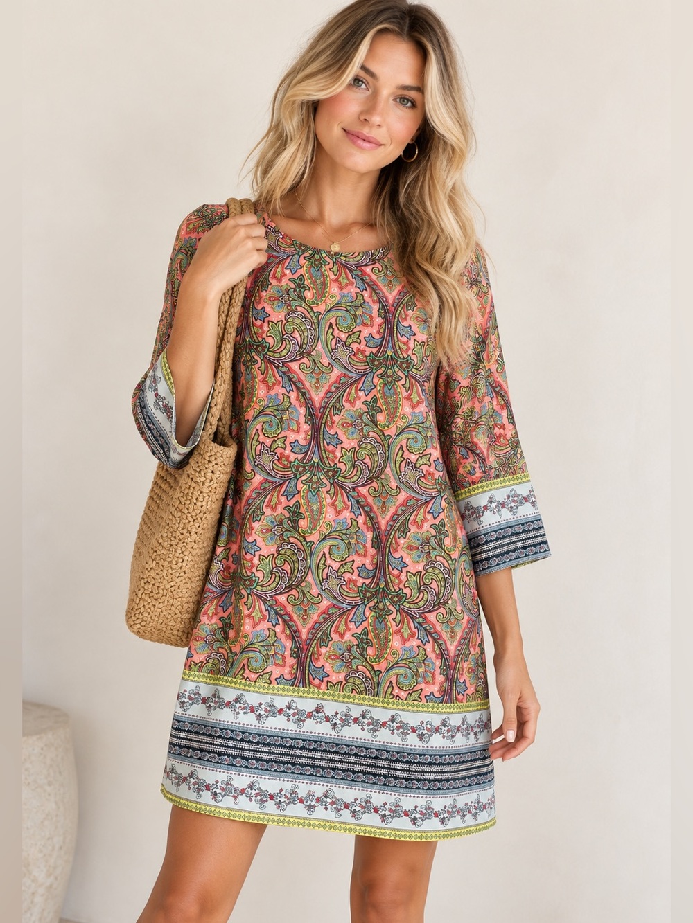 LOFT Paisley Border Print Shift Dress 3/4 Sleeve Coral Multicolor Size S